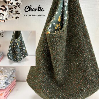 Grand sac fourre-tout réversible femme en moumoute vert chiné, création artisanale cousue main